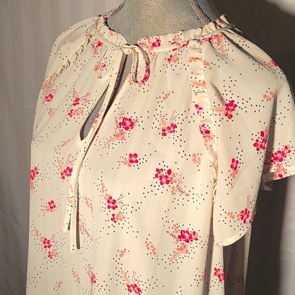 LOFT Womens White & Pink Short Sleeves with Ruffle Collar & Front Tie, Size: XL - Picture 4 of 8